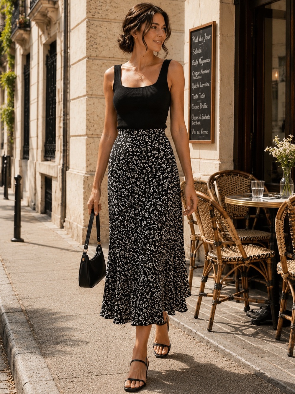 Olivia Grey Black White Floral Midi Skirt Pull On A-Line Large NWT